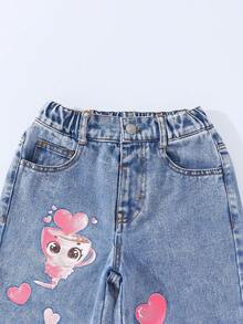 Young Girl Fashionable Snowflake Cartoon Pattern Pocket Loose Wide-Leg Casual Jeans Cutesy Clothes - Blue - View 8