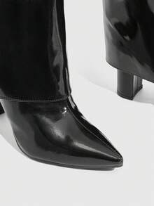 CUCCOO SZL 女式户外尖头粗高跟鞋黑色 PU 光面材质时尚简约日常和派对侧拉链靴 - 黑色 - 查看 6