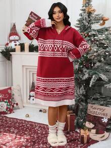 EMERY ROSE Plus-Size Women's Dress, Solid-Color Knitted With Diamond Ribbing, Casual & Elegant, Autumn & Winter Sweater Dress, Suitable For Christmas, Back-To-School, Vacation & OfficeChristmas Outfits Women's Winter Apparel