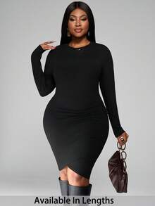 SHEIN PETITE CURVE Herbst Langarm Raffung Taille figurbetontes schwarzes Kurzkleid für Frauen - Schwarz - Übersicht 1