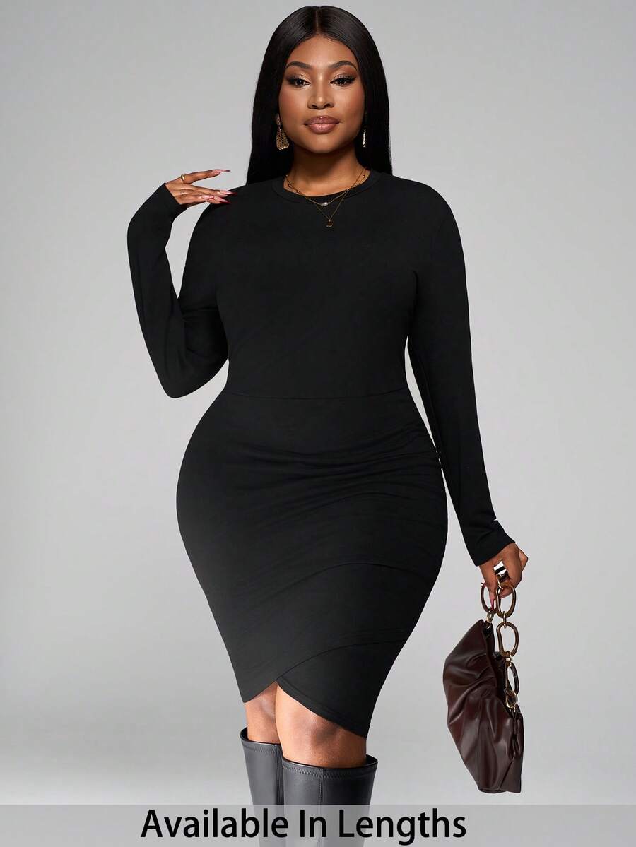 SHEIN PETITE CURVE Herbst Langarm Raffung Taille figurbetontes schwarzes Kurzkleid für Frauen - Schwarz - Übersicht 1