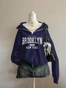 Attitoon Áo nỉ cổ cao dáng rộng, khóa kéo nửa thân, phong cách retro Mỹ dành cho nữ, phù hợp cho mùa thu/đông, chất liệu nỉ in hình. - Màu xanh hải quân - Xem 1