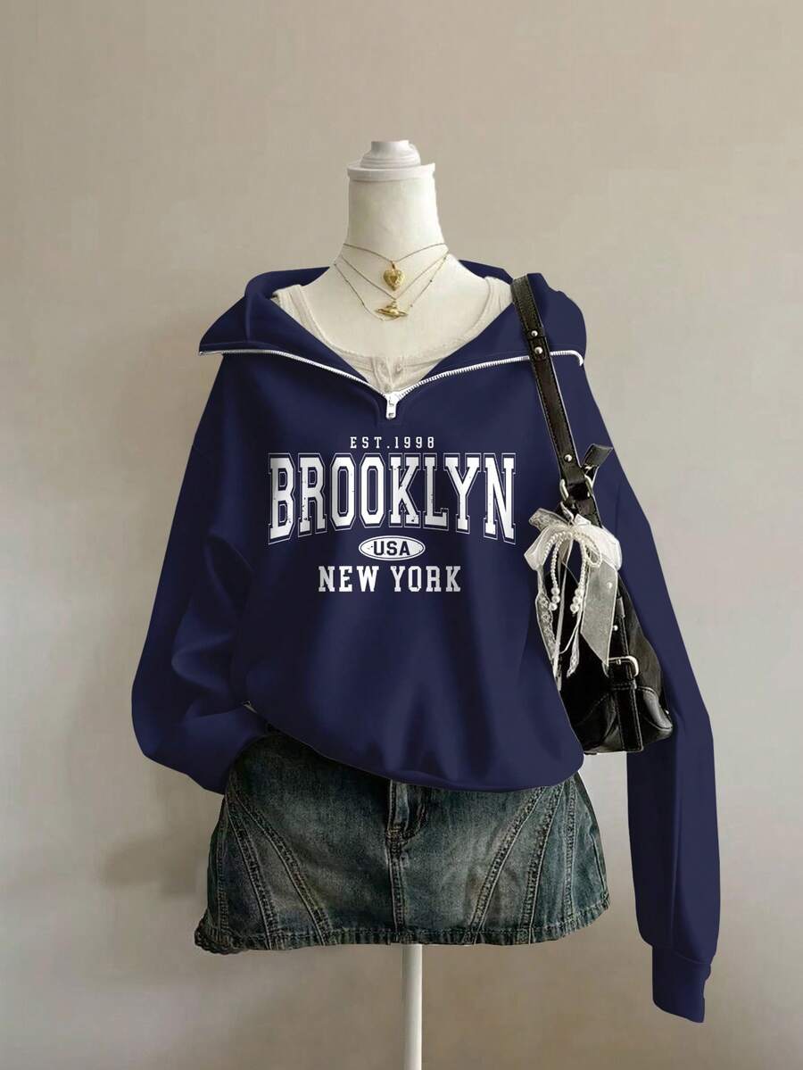 Attitoon Áo nỉ cổ cao dáng rộng, khóa kéo nửa thân, phong cách retro Mỹ dành cho nữ, phù hợp cho mùa thu/đông, chất liệu nỉ in hình. - Màu xanh hải quân - Xem 1