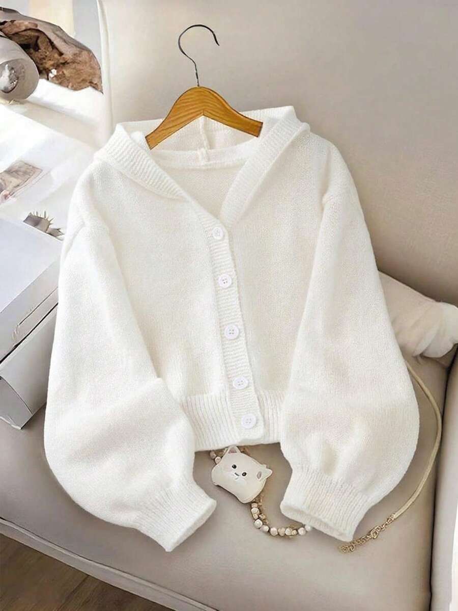 SHEIN Genkimix Kids Áo len cardigan dệt kim ngắn màu trơn tươi mát, giản dị thời trang cho bé gái, mùa thu/đông - trắng - Xem 1