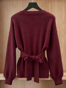 INAWLY Plus Drop Shoulder Belted Wrap Knit Top