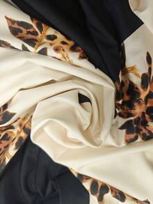 SHEIN Tall 大码女式豹纹花卉印花V领装饰纽扣收腰显瘦不对称优雅七分袖上衣 - 彩色 - 查看 4