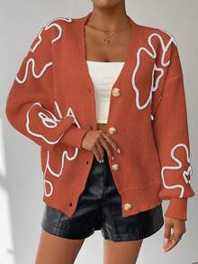 SHEIN Unity Women's Contrast Color Applique V-Neck Button Front Long Sleeve Cardigan - Orange - View 5