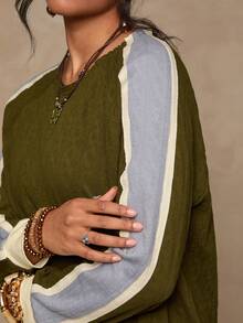 Freevana Plus Size Women Cable Knit Texture Casual Raglan Sleeve Colorblock Pullover T-Shirt, Autumn/Winter - Army Green - View 6