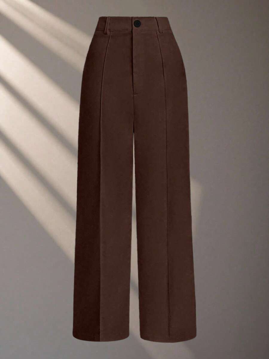 Franclia Women's Solid Color Toothpick Striped Design Wide Leg Loose Casual Pants, Suitable For Commuting - Brown - View 1