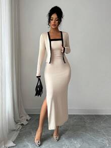 SHEIN Elenzya Bộ 2 chiếc áo khoác cardigan dài tay phối màu thanh lịch dành cho nữ và váy liền thân, thích hợp cho tiệc tùng, họp mặt gia đình, Giáng sinh, Halloween, ngày lễ tình nhân, năm mới, đi làm và mặc thường ngày, mùa thu/đông - Màu be - Xem 5