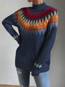 Celisse Geo Pattern Raglan Sleeve Sweater,Long Sleeve Tops Knit Pullover Fall Winter Outfit