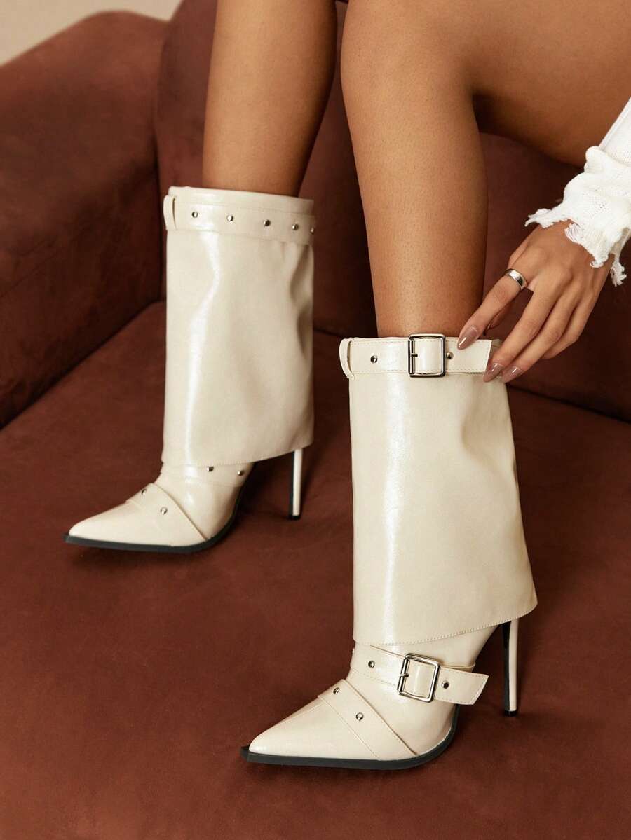 Daringsoles 女式时尚尖头扣环高跟中筒靴 - 米色 - 查看 1