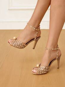 CUCCOO HITCHD 女士露趾珍珠装饰细高跟婚礼派对凉鞋 - 香檳色 - 查看 3