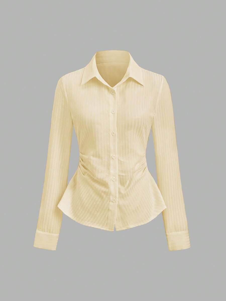 Sweetra 女式翻领提花格子荷叶边长袖衬衫，休闲外套 - 黃色 - 查看 1