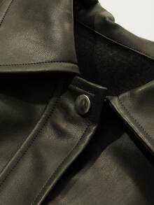 DAZY 女式休闲 PU 皮革拉链落肩宽松夹克，秋季 - 墨綠色 - 查看 6