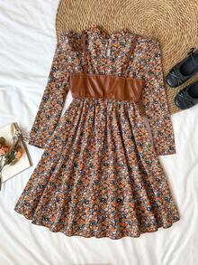 2 件套青少年女孩休闲 PU 皮革吊带背心和印花荷叶边长袖连衣裙，中式领，优雅日常装扮，春秋季 - 咖啡棕 - 查看 2