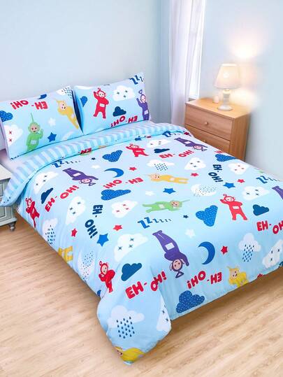 Teletubbies X SHEIN 三件套被套 条纹蓝印花 舒适柔软 透气保暖 蓝色被套 适合儿童单人床/双人床/大床/特大床