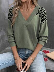 EMERY ROSE Women's V-Neck Layered Leopard Print Long Sleeve T-Shirt, Hot Selling, Autumn/Winter - Army Green - View 3