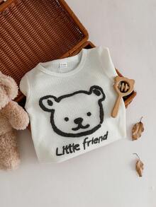 SHEIN 男婴华夫格圆领可爱动物及英文标语刺绣长袖连体衣，秋冬款 - 杏色 - 查看 3