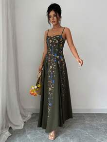 Elenzga 女士无袖细肩带花卉印花连衣裙，优雅 - 軍綠色 - 查看 3