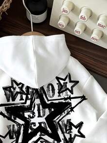 SHEIN ModeFlare Wear 男婴休闲简约字母图案宽松针织柔软连帽卫衣，秋季加厚，衣服背面