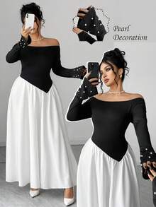 Elenzga Vestido asimétrico de mujer talla grande con hombros descubiertos, mangas acampanadas y perlas falsas, de estilo francés romántico y vintage elegante para otoño/invierno - Blanco y Negro - Ver 1