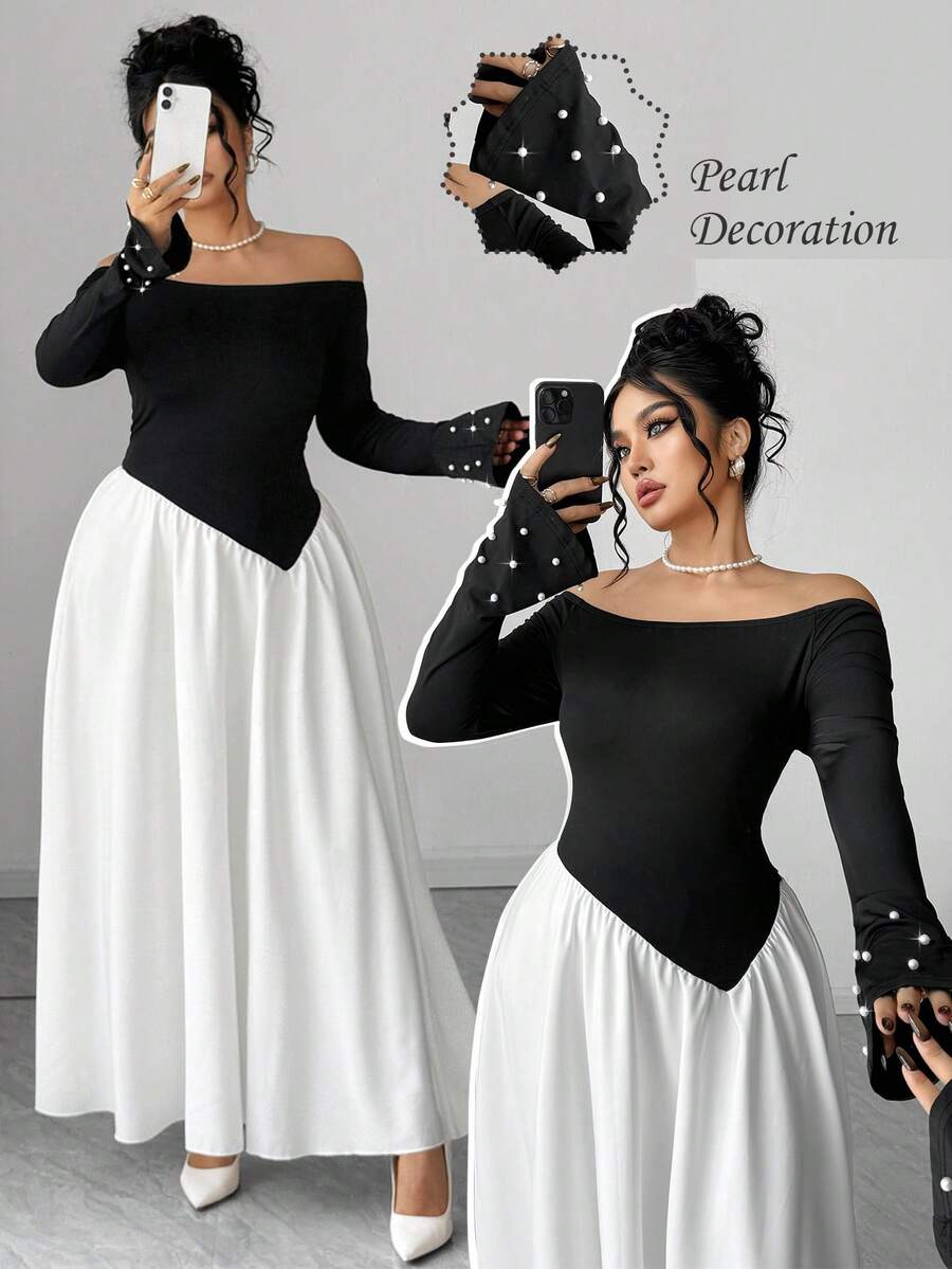 Elenzga Vestido asimétrico de mujer talla grande con hombros descubiertos, mangas acampanadas y perlas falsas, de estilo francés romántico y vintage elegante para otoño/invierno - Blanco y Negro - Ver 1