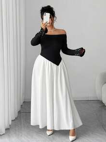 Elenzga Vestido asimétrico de mujer talla grande con hombros descubiertos, mangas acampanadas y perlas falsas, de estilo francés romántico y vintage elegante para otoño/invierno - Blanco y Negro - Ver 4