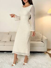 SHEIN PETITE Đầm nữ mùa thu thanh lịch tay loe màu trơn cổ tròn tay dài dáng ôm đuôi cá màu trắng thanh lịch đầm ren móc tay dài đầm maxi màu kem đầm tay dài thanh lịch - trắng - Xem 6