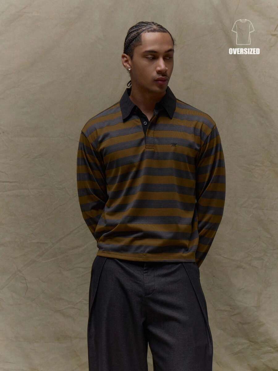 Musero Striped Oversized Long Sleeve Button Up Hidden Placket Collared Polo Shirt Top Fall SPRING SUMMER - Multicolor - View 1