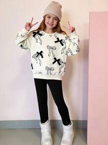 SHEIN Mädchen Pullover mit Schleifen-Muster am Rundhalsausschnitt & einfarbige Hose