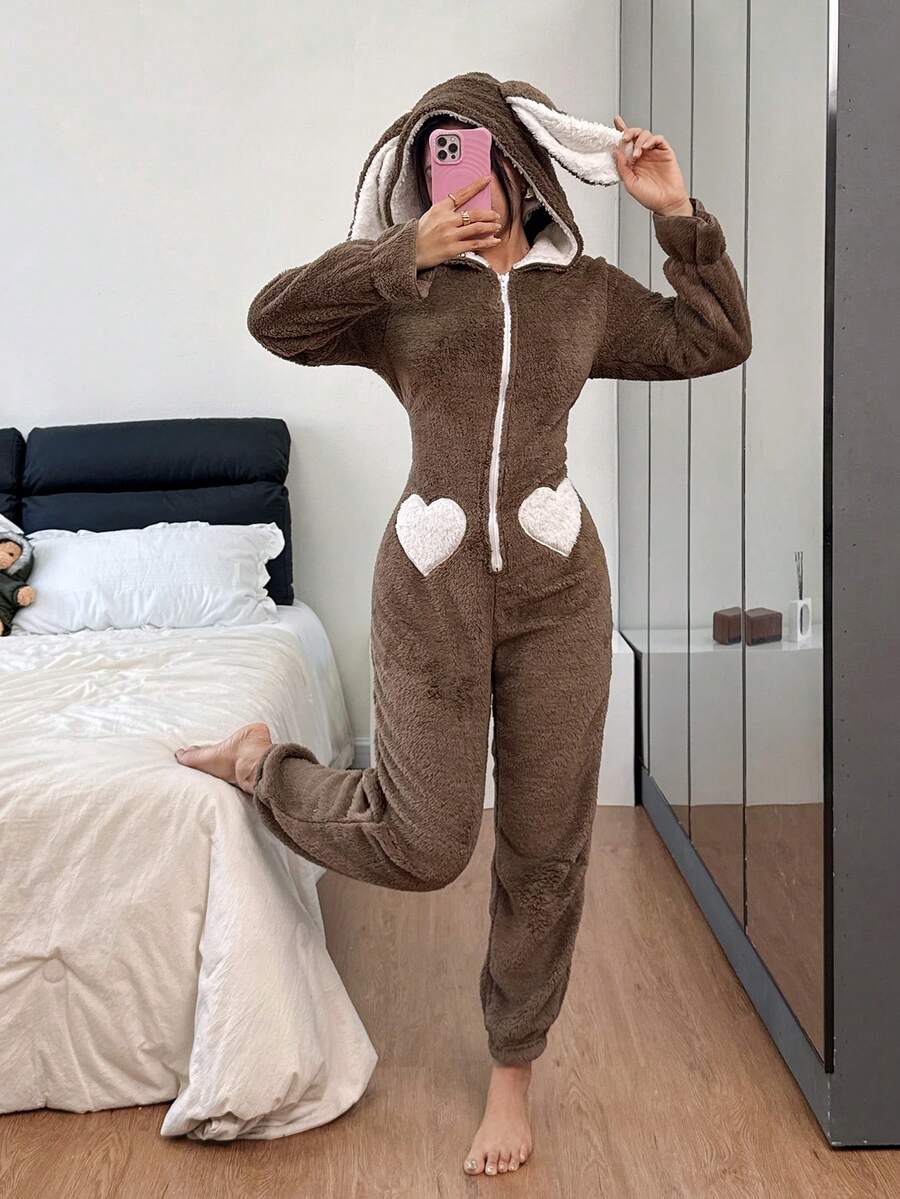 SHEIN 女士可爱兔耳毛绒蓬松睡衣连体裤女士冬季睡衣舒适套装女 - 摩卡棕 - 查看 1