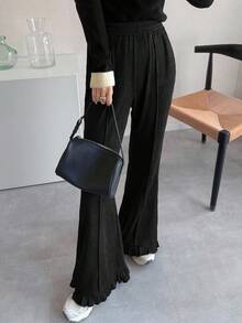 FRIFUL 女式休闲纯色荷叶边裤脚裤 - 黑色 - 查看 4