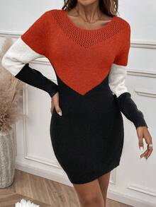 EMERY ROSE Robe pull à manches longues et blocs de couleurs à la mode pour femme - Orange - Voir 3