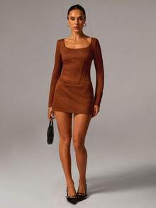 Avenya Coffee Brown Suede Long Sleeve Square Neck Dress,Autumn Elegant Date Night Cinched Waist Mini Bodycon Dress,Y2k Outfits,Office Siren - Brown - View 1