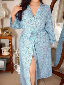 SHEIN Bata larga de manga larga con estampado floral azul en talla grande, para otoño e invierno - Multicolor - Ver 4