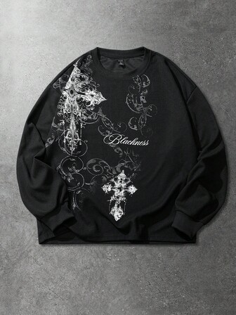 Sweat-shirt homme à imprimé croix gothique en tissu gaufré, convient pour un port quotidien, automne/hiver