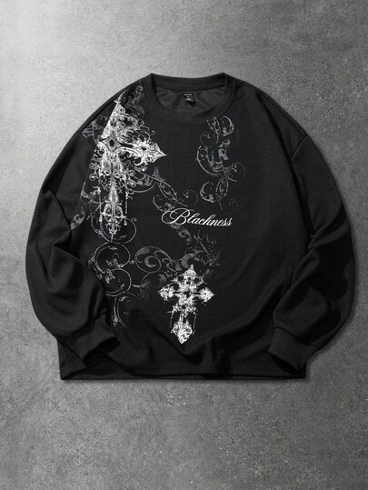 Goth Felpa uomo con stampa gotica a croce in tessuto a nido d'ape, adatta per uso quotidiano, autunno/inverno