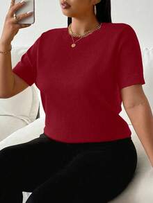 Vionelle 大码女式针织短袖圆领宽松毛衣 - 中紫紅色 - 查看 4