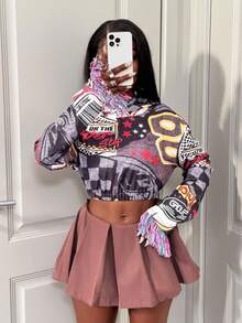 BamGleam Women's Slogan Checkered Print Long Sleeve Cropped Casual Hoodie