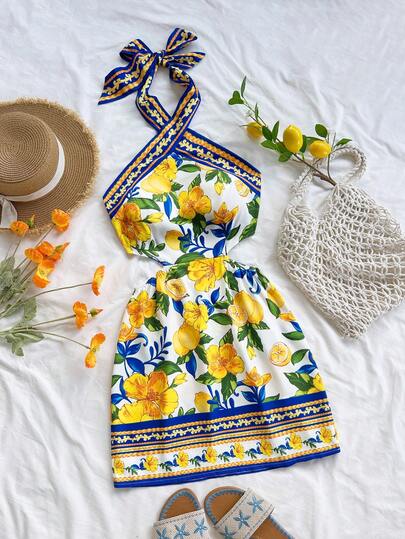 Soleia Nuevo vestido mini vintage con estampado de limón, cuello halter, nudo delantero y recortes, adecuado para Navidad, citas, salir de fiesta, estilo bohemio, vacaciones, otoño, ropa de mujer