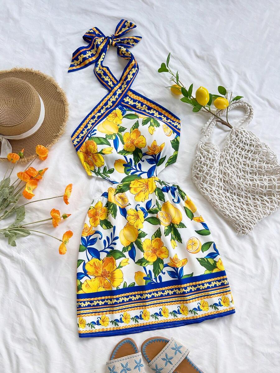 Soleia Váy ngắn hở lưng cổ yếm in họa tiết quả chanh cổ điển mới, thích hợp cho Giáng sinh, đêm hẹn hò, câu lạc bộ, Bohemian, Boho, kỳ nghỉ, quần áo mùa thu cho phụ nữ - Nhiều màu - Xem 1