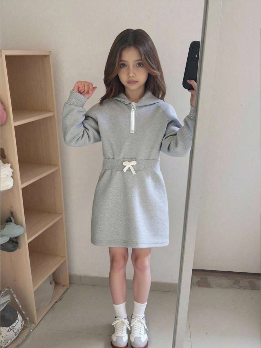 Young Girl Casual Sport Style Half-Zip Up Raglan Long Sleeve Hooded Loose Dress