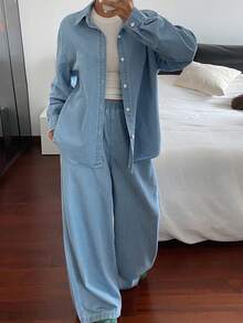 Livesso Bộ 2 món áo sơ mi dài tay cài nút phía trước màu trơn dành cho nữ và quần jeans - Rửa nhẹ - Xem 2
