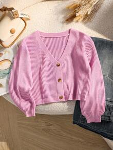 SHEIN Tween Girl Solid Color Long Sleeve Casual Knit Cardigan, Autumn/Winter Kids Sweaters For Girls Button Pink Cardigan Kids Cardigan Sweater Pink Cardigan Pink Sweater Tween