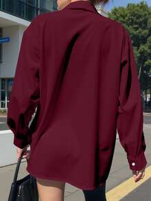 Resyla Plus Size Women Casual Solid Color Front Button Long Sleeve Shirt, Autumn - Burgundy - View 2