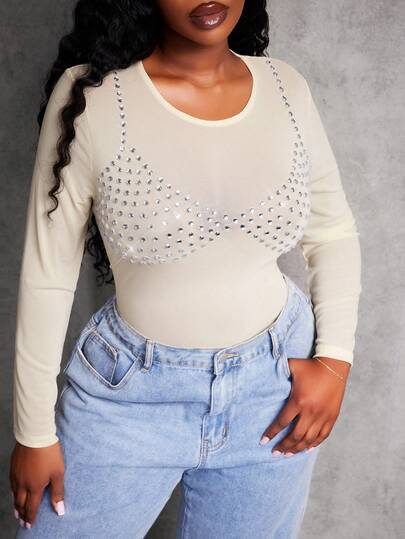 SHEIN SXY Camiseta de manga larga de cuello redondo con ajuste ceñido, nueva para otoño/invierno, con aplicaciones de strass en la parte delantera, para mujer de talla grande, color albaricoque
