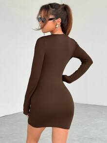 SHEIN EZwear 女款極簡純色荷葉邊緊身洋裝，性感長袖洋裝，棕色長袖洋裝，適合秋季 - 棕色 - 查看 2