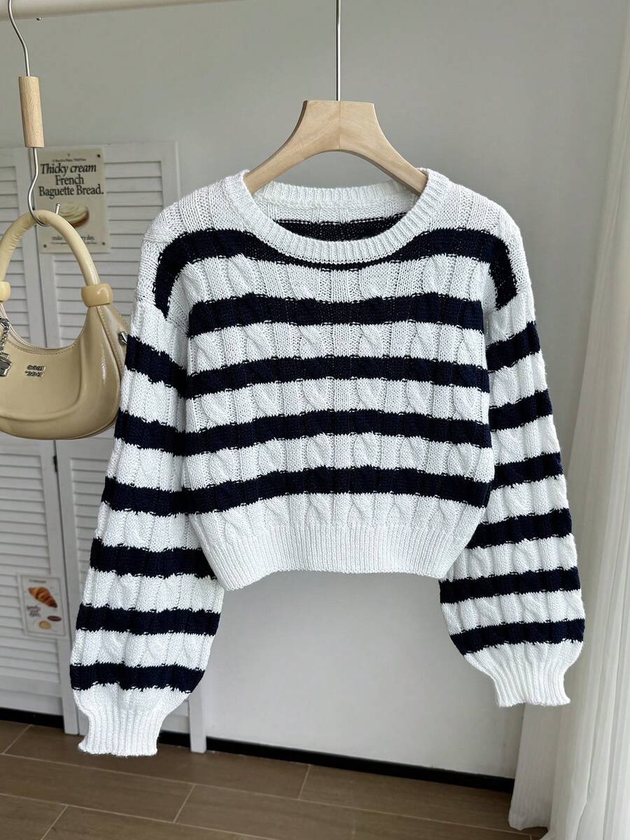 SHEIN 少女款单件麻花针织短款毛衣 - 圆领泡泡袖套头衫，简约扭绳设计轻薄上衣，适合上学和休闲穿着，春秋季可爱短款毛衣针织衫短款上衣，大哥星期三·亚当斯 - 彩色 - 查看 1