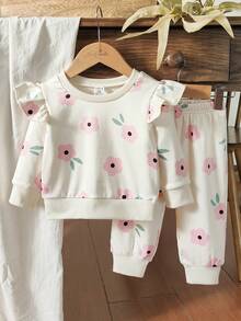 Vintaside Kids Conjunto de sudadera de cuello redondo de manga larga con estampado floral de felpa y pantalones casuales para niñas pequeñas Vintaside, adecuado para acampar y estar en casa, ideal para el tiempo libre al aire libre o en interiores en otoño